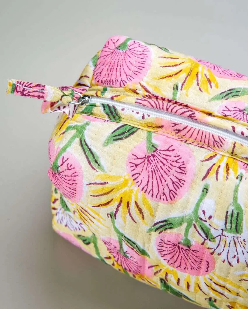 Beautiful Floral Meadow Block Printed Quilted Cotton Toiletry Pouch | 7.5 x 3.5 x 3.5 inches