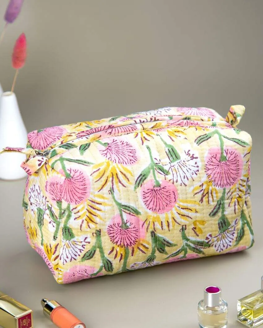 Beautiful Floral Meadow Block Printed Quilted Cotton Toiletry Pouch | 7.5 x 3.5 x 3.5 inches