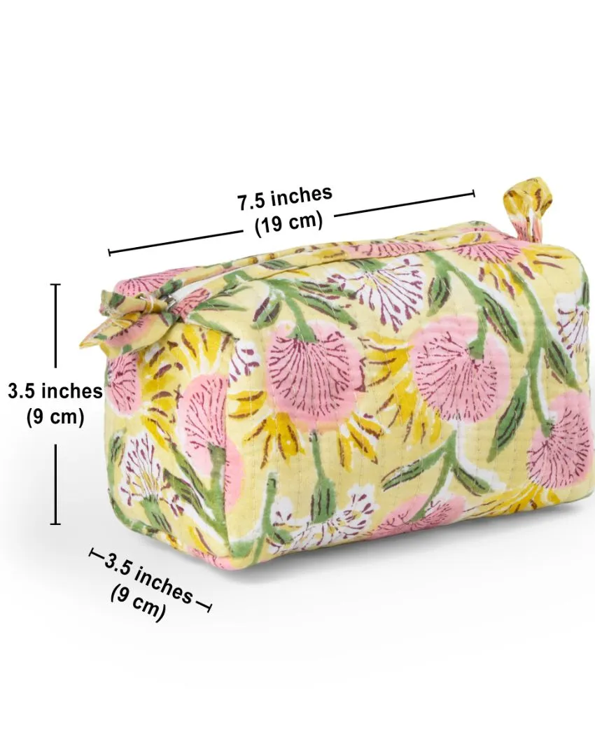 Beautiful Floral Meadow Block Printed Quilted Cotton Toiletry Pouch | 7.5 x 3.5 x 3.5 inches