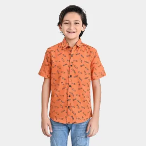 Boys Cotton Slub Casual Shirt H/S (Skate All Day)-ORANGE