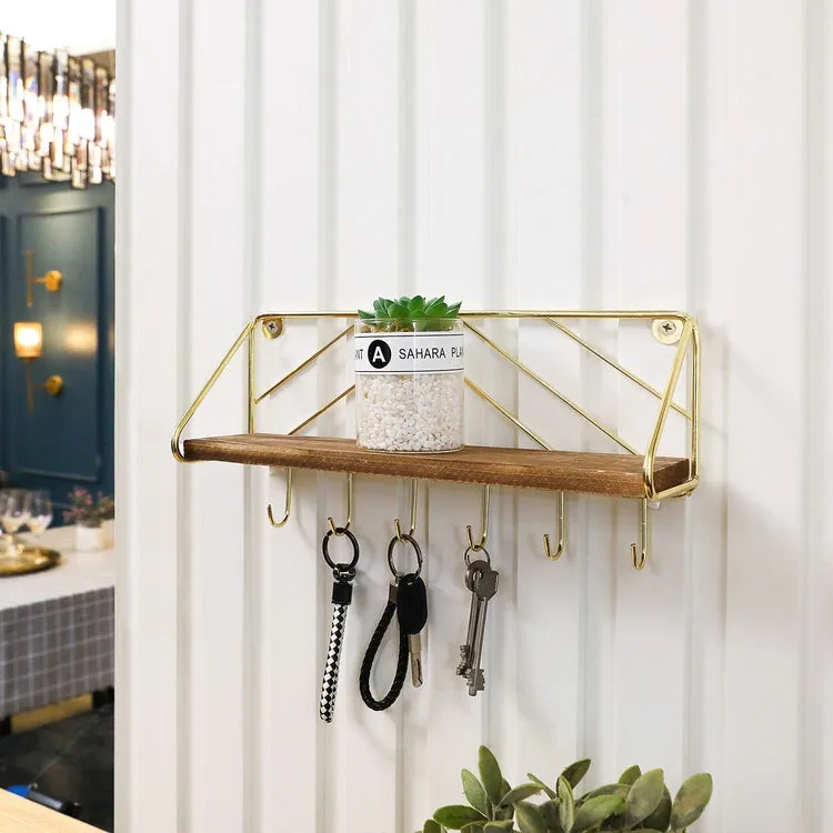 Brass Metal and Burnt Wood Entryway Key Holder Rack with 6 Hooks and Floating Display Shelf