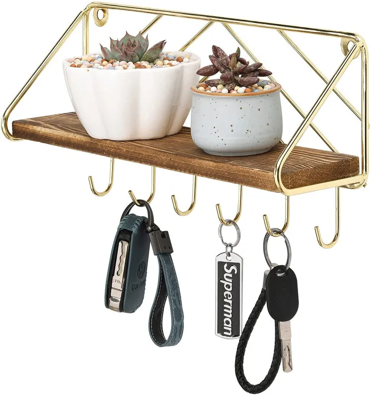 Brass Metal and Burnt Wood Entryway Key Holder Rack with 6 Hooks and Floating Display Shelf