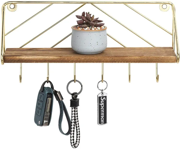 Brass Metal and Burnt Wood Entryway Key Holder Rack with 6 Hooks and Floating Display Shelf