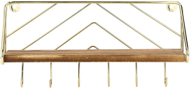 Brass Metal and Burnt Wood Entryway Key Holder Rack with 6 Hooks and Floating Display Shelf