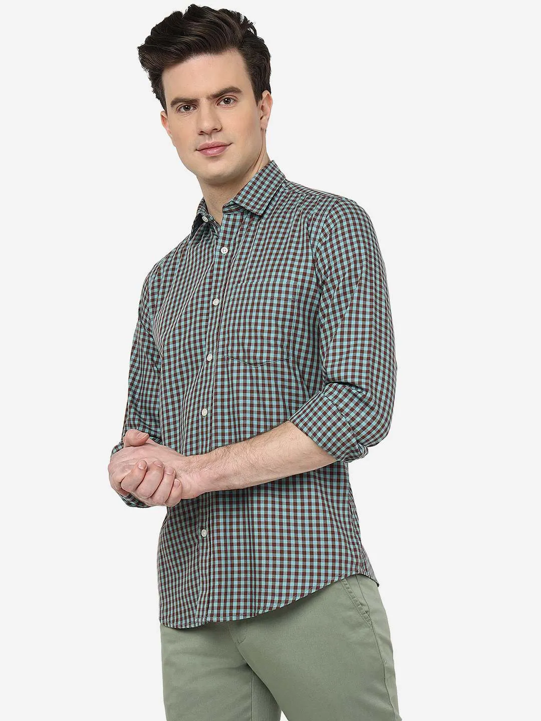 Brown Checked Smart Fit Semi Casual Shirt | Greenfibre