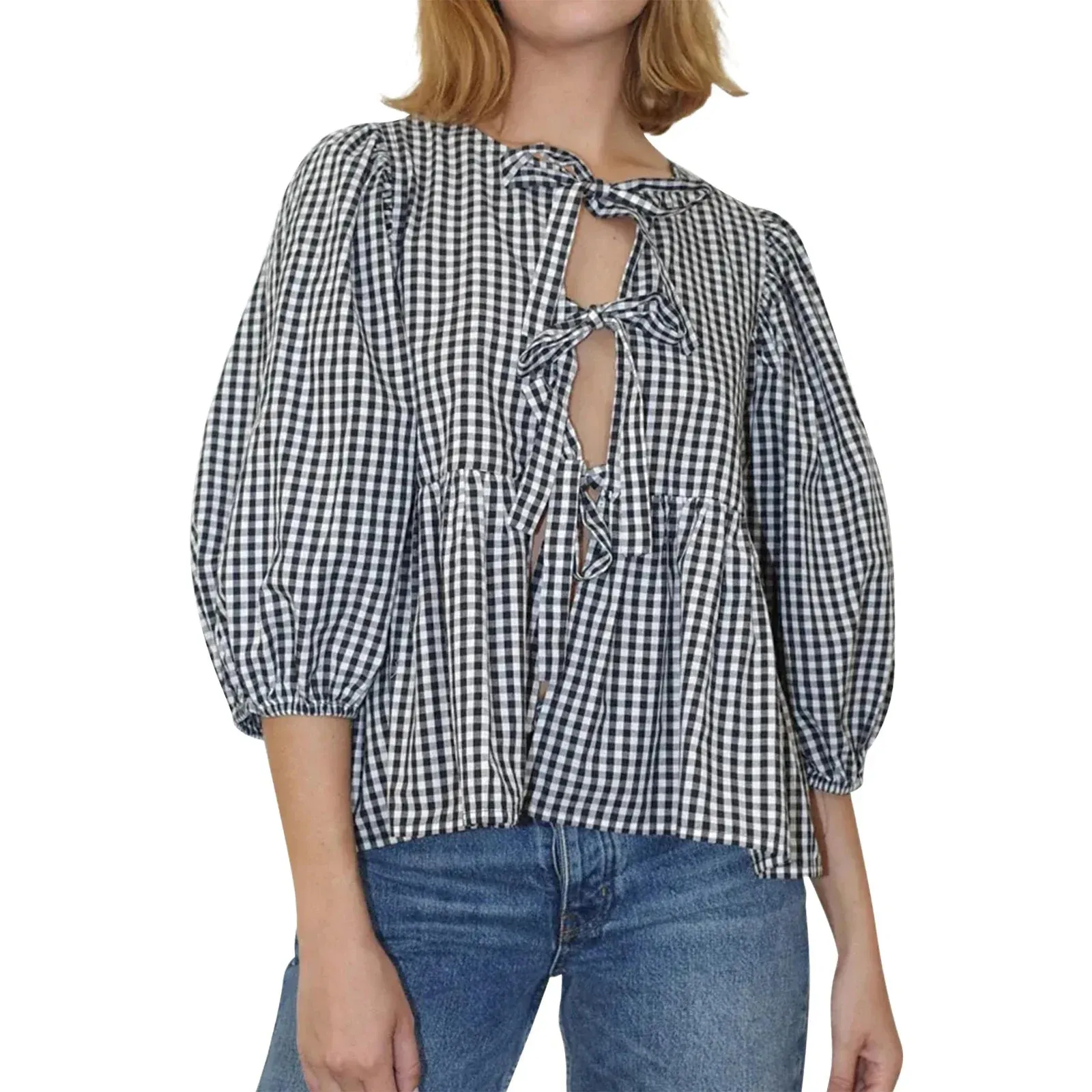 Casual Plaid Print 3/4 Sleeve Streetwear Aesthetic Y2K Basic Blouse