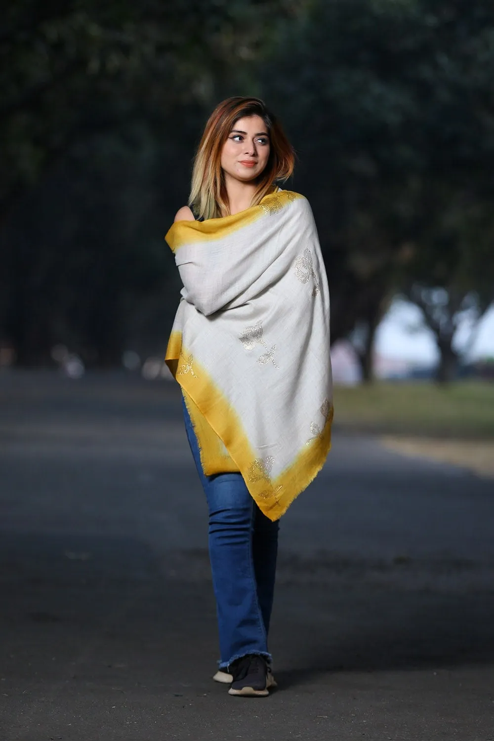 COMBINATION OF SLATE GREY & AMBER YELLOW COLOUR STOLE CLASSY SWAROVSKI WORK DEFINES FEMINISM AND ENHANCES SOPHISTICATION