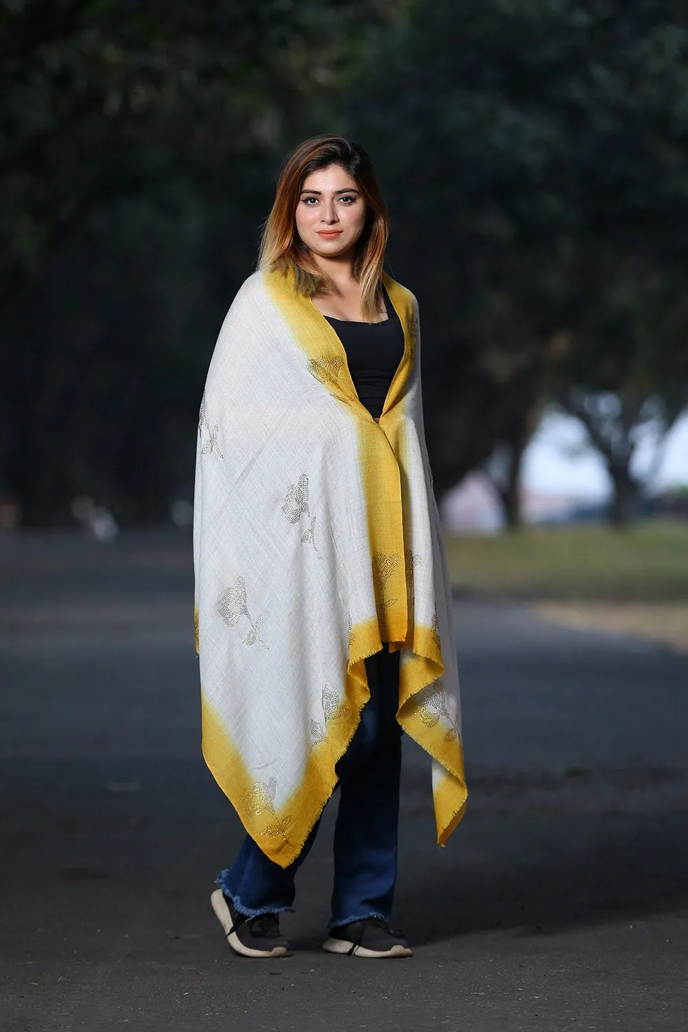 COMBINATION OF SLATE GREY & AMBER YELLOW COLOUR STOLE CLASSY SWAROVSKI WORK DEFINES FEMINISM AND ENHANCES SOPHISTICATION