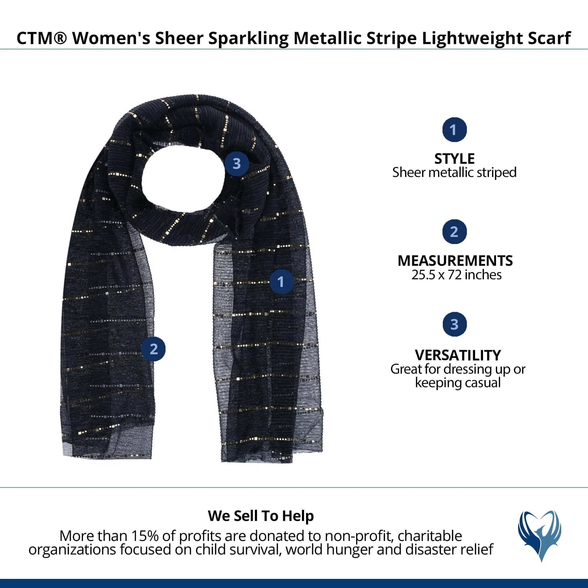 CTM® Women's Sheer Sparkling Metallic Stripe Lightweight Scarf