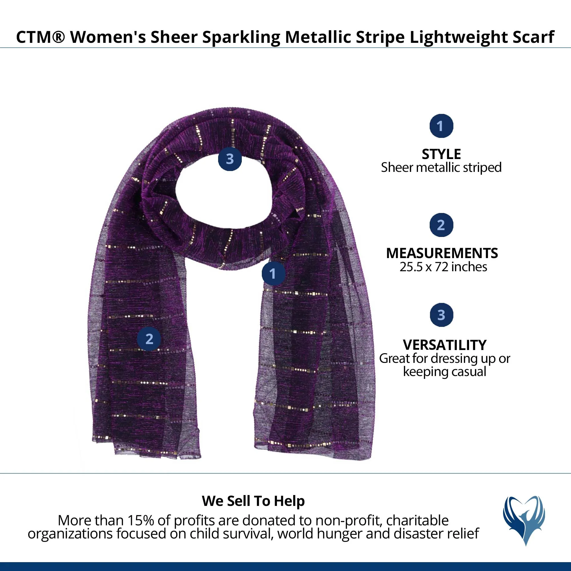 CTM® Women's Sheer Sparkling Metallic Stripe Lightweight Scarf