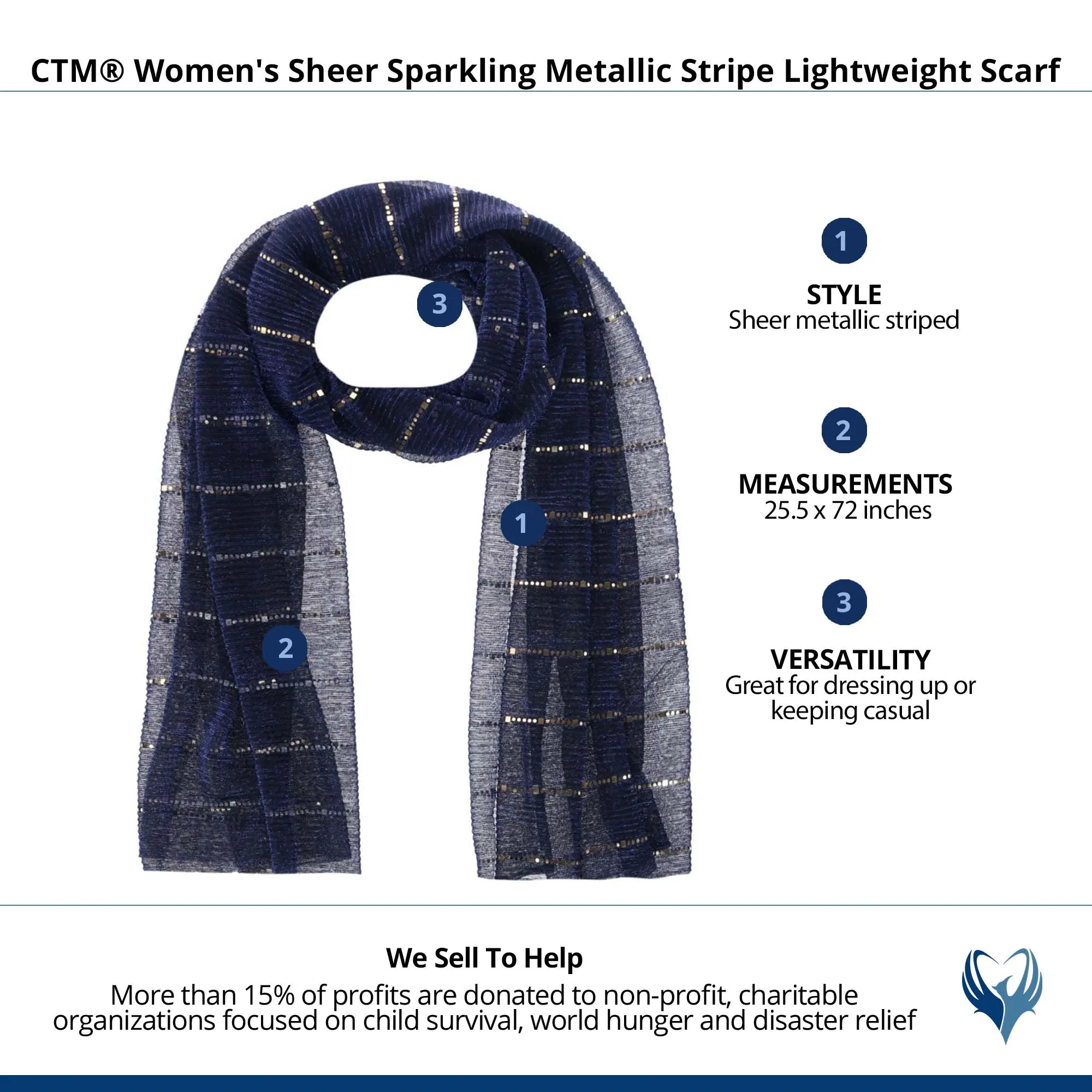 CTM® Women's Sheer Sparkling Metallic Stripe Lightweight Scarf