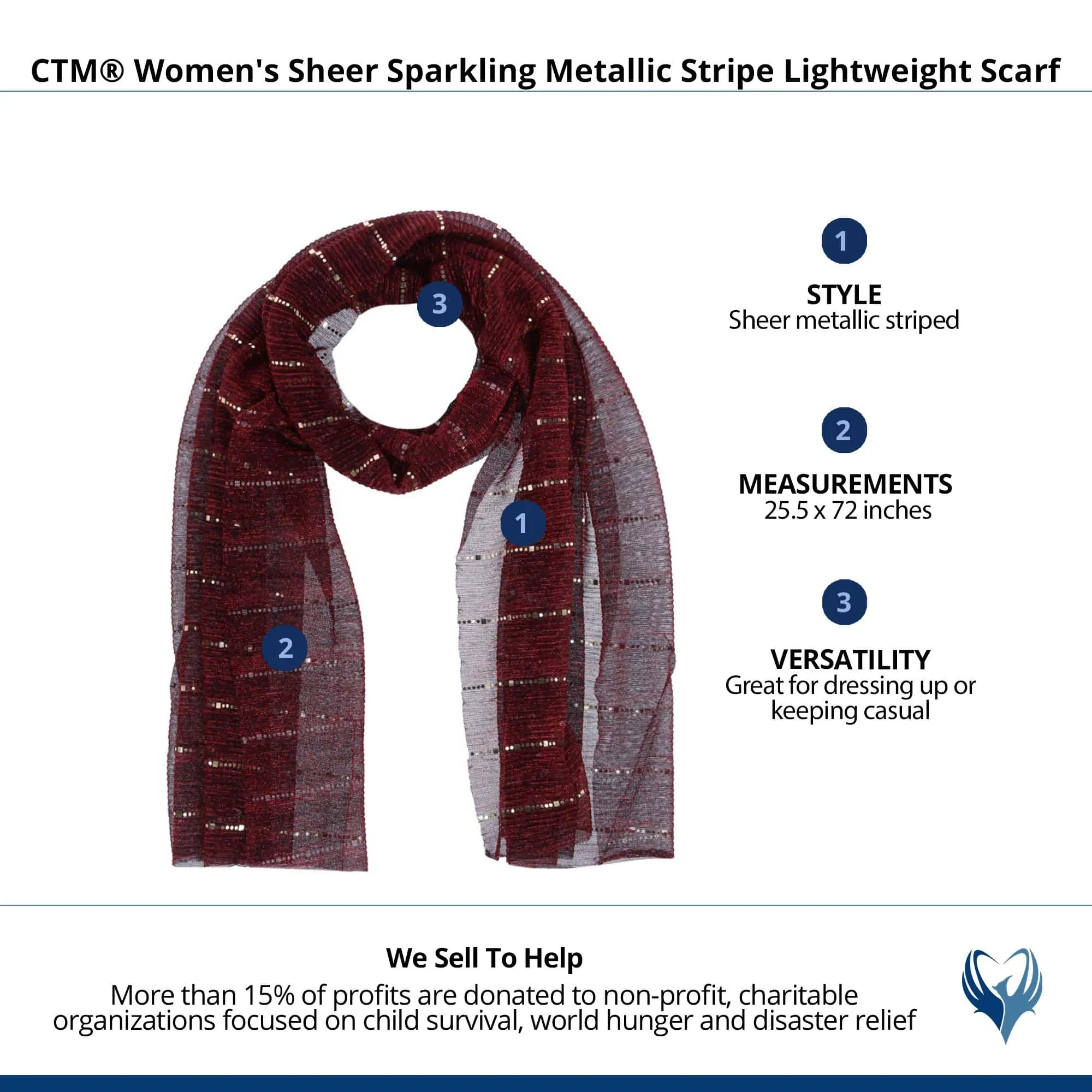 CTM® Women's Sheer Sparkling Metallic Stripe Lightweight Scarf