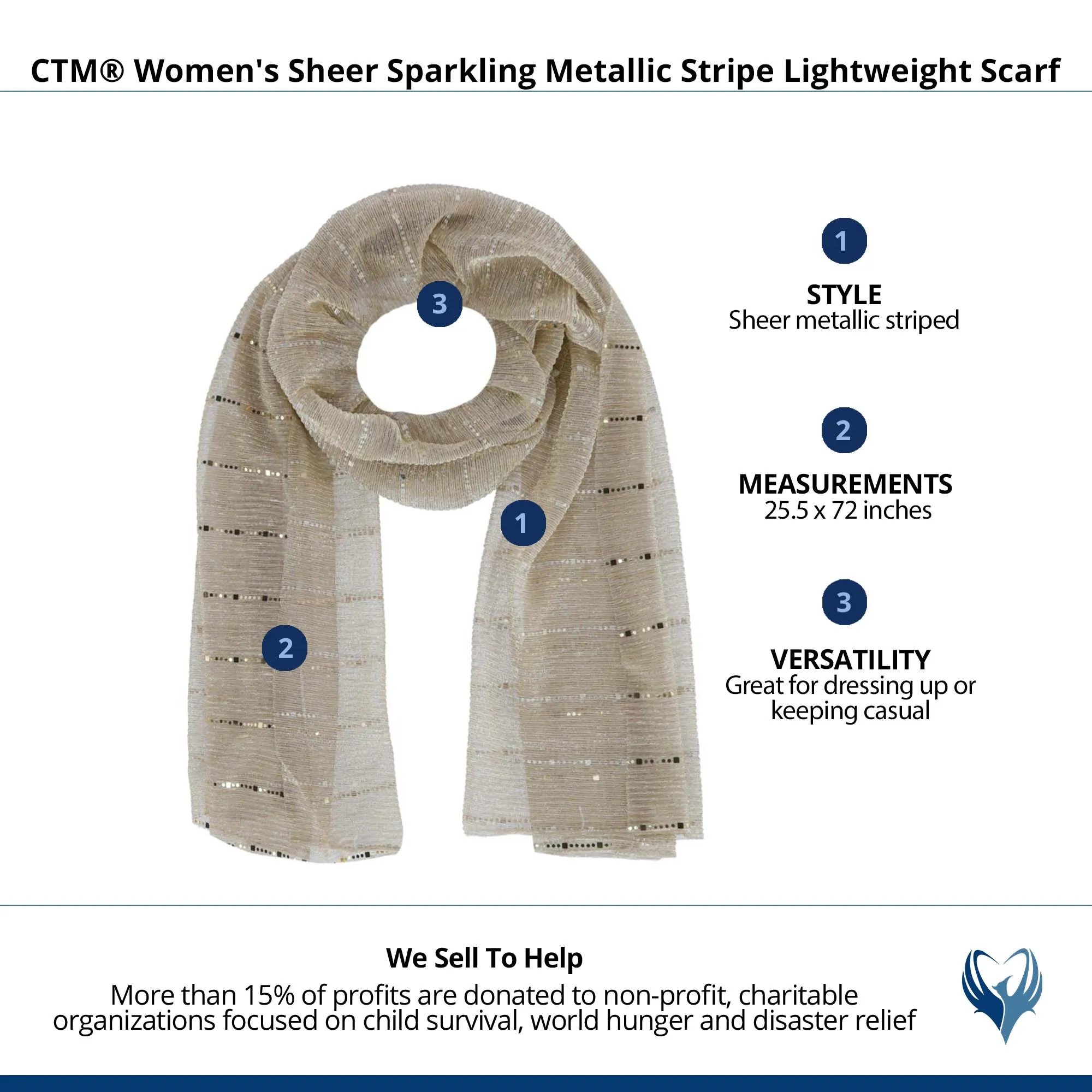 CTM® Women's Sheer Sparkling Metallic Stripe Lightweight Scarf