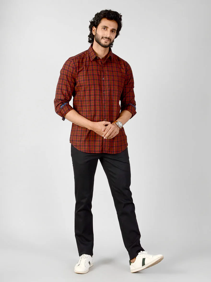 Deep Red Checked Slim Fit Casual Shirt | JadeBlue