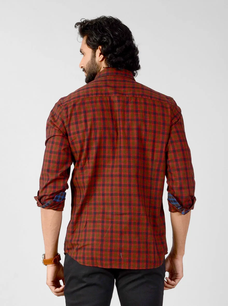 Deep Red Checked Slim Fit Casual Shirt | JadeBlue