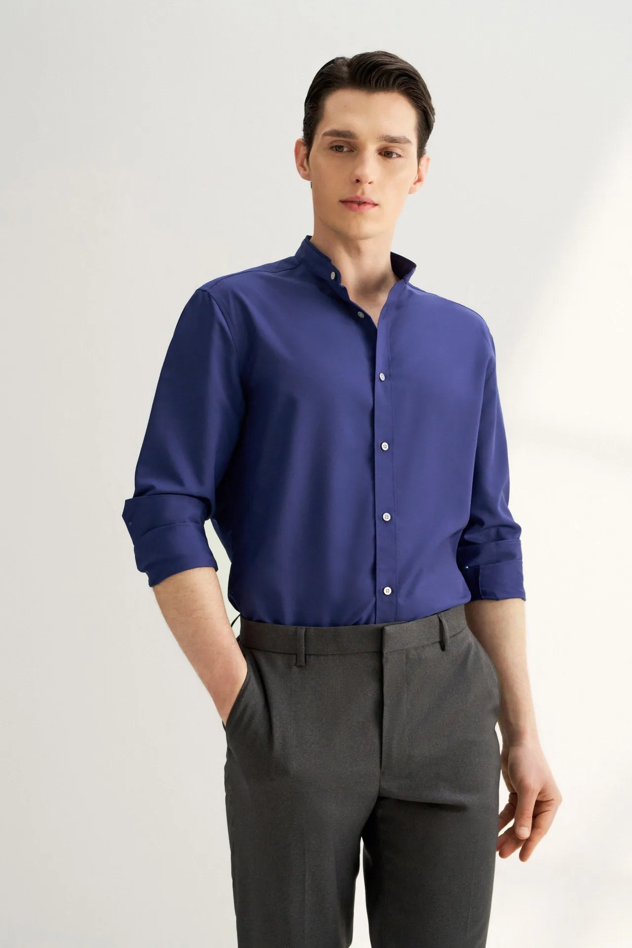 Dry Wicking Stand Collar Casual Shirt in Smart Fit Long Sleeve