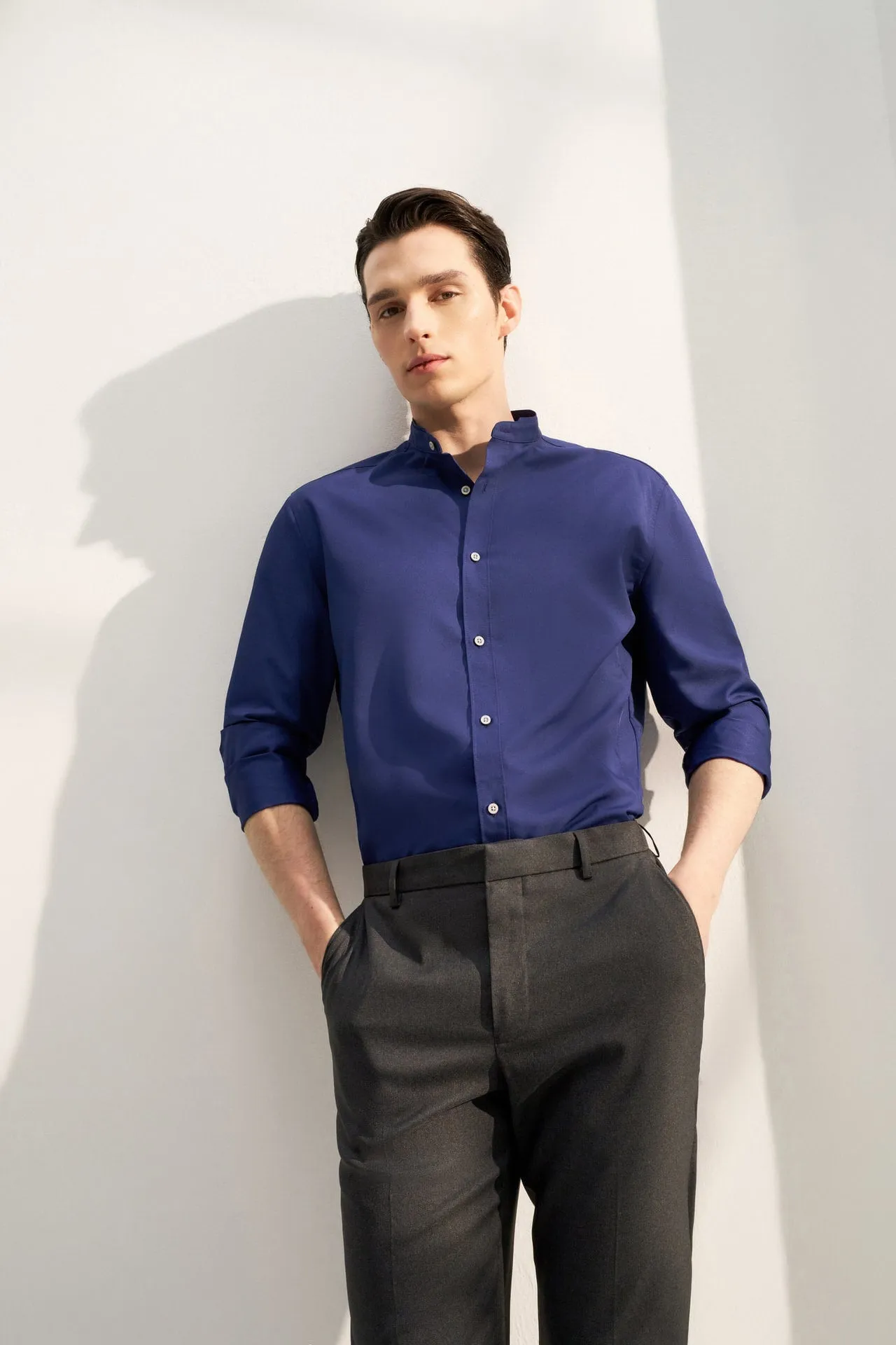 Dry Wicking Stand Collar Casual Shirt in Smart Fit Long Sleeve