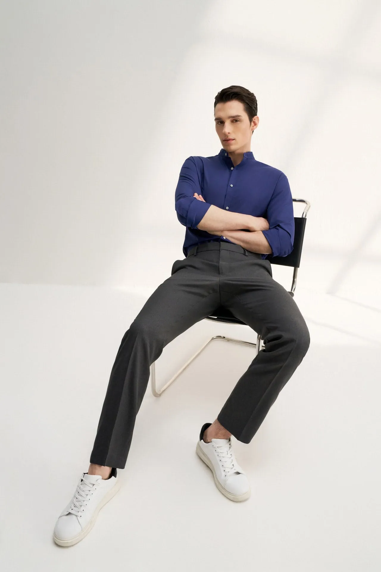 Dry Wicking Stand Collar Casual Shirt in Smart Fit Long Sleeve