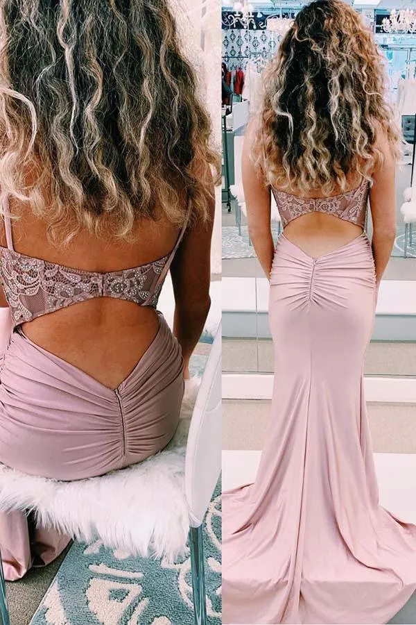 Elegant Straps Mermaid Beaded Pearl Pink Long Prom/Formal Dress PSK135