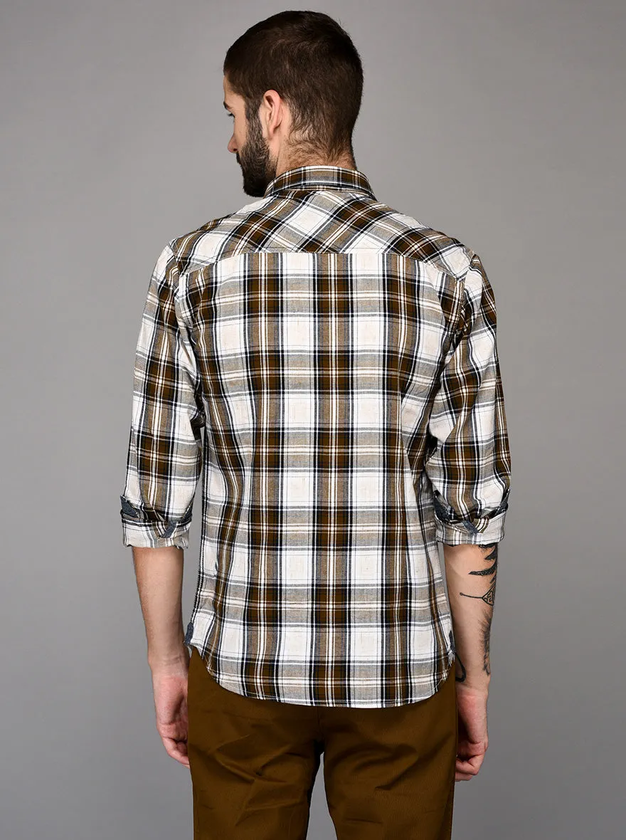 Greenfibre Brown & White Checked Slim Fit Casual Shirt