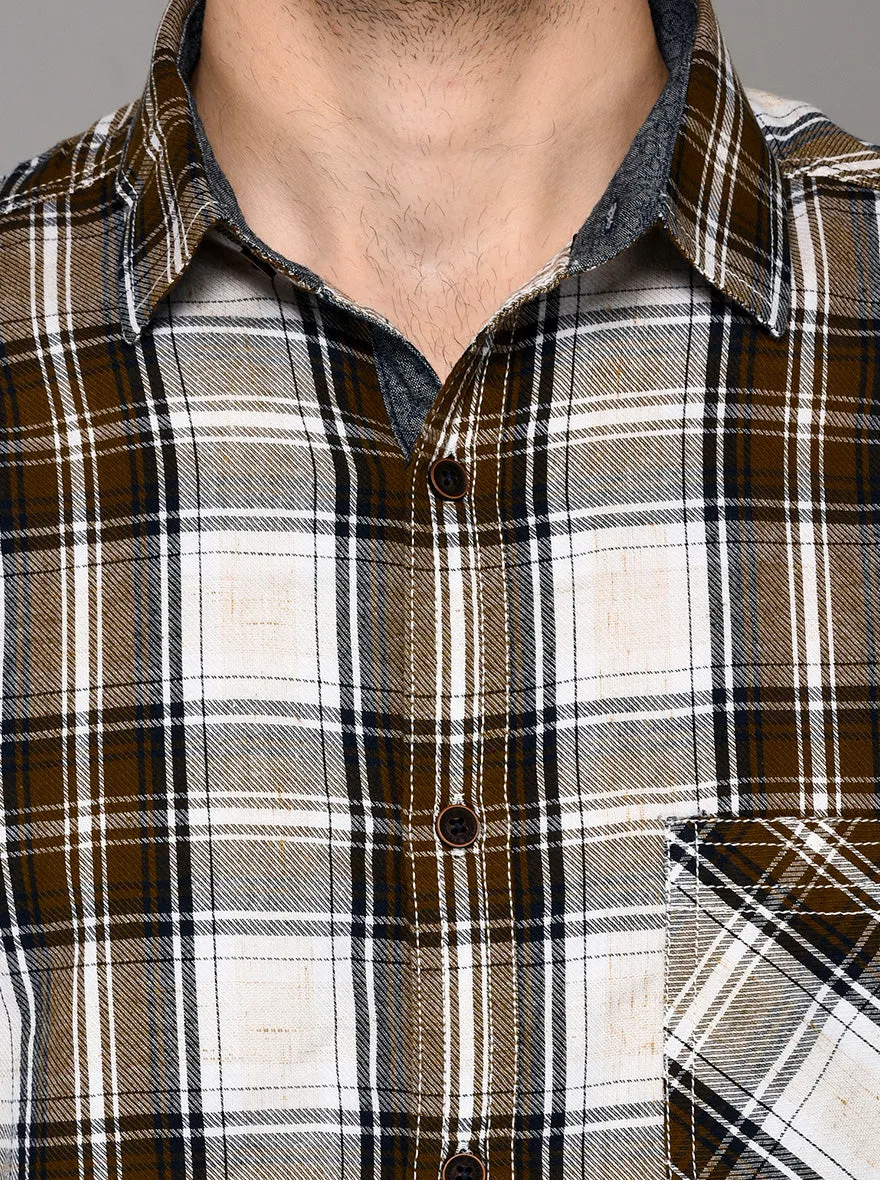 Greenfibre Brown & White Checked Slim Fit Casual Shirt