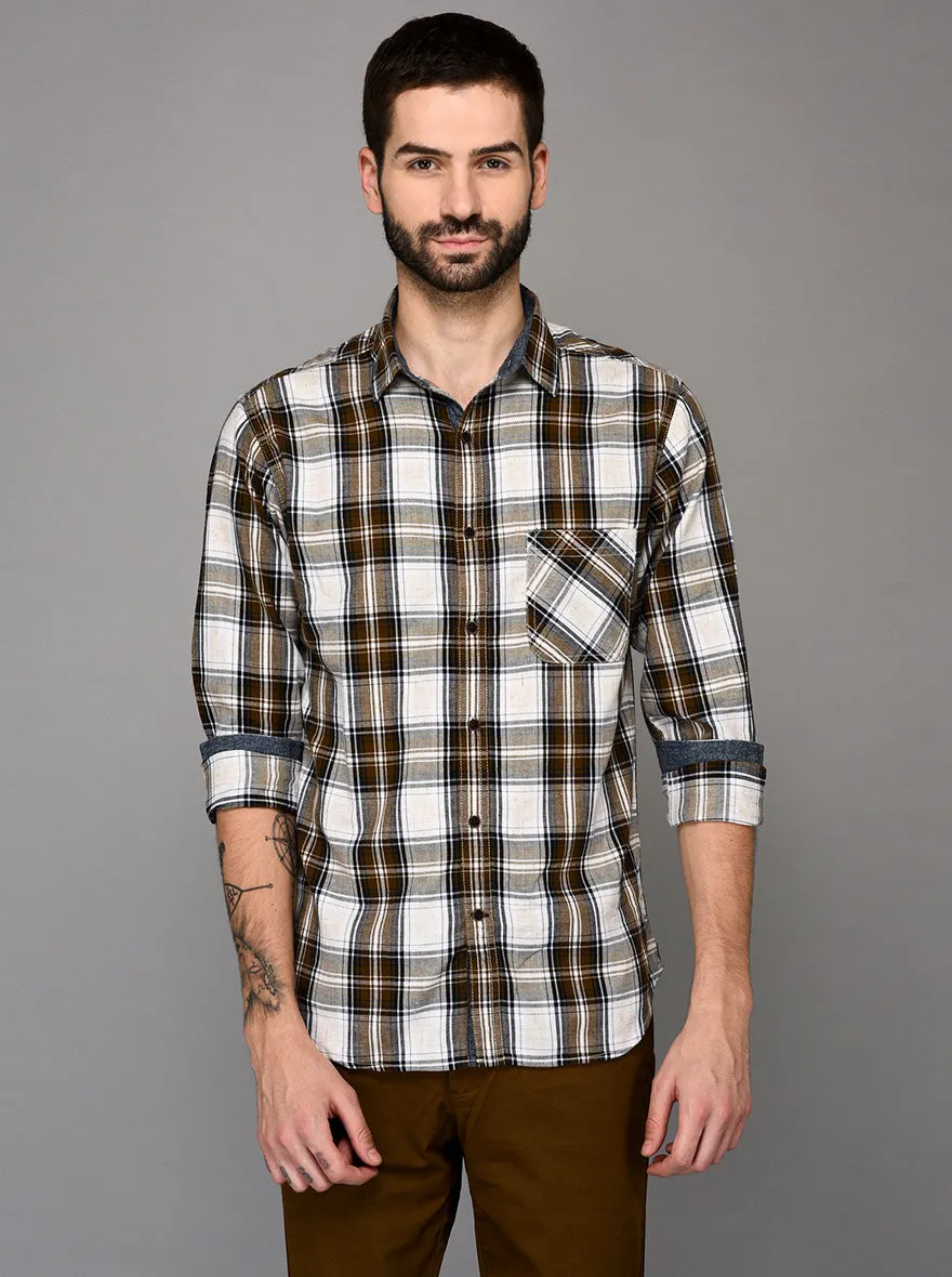 Greenfibre Brown & White Checked Slim Fit Casual Shirt