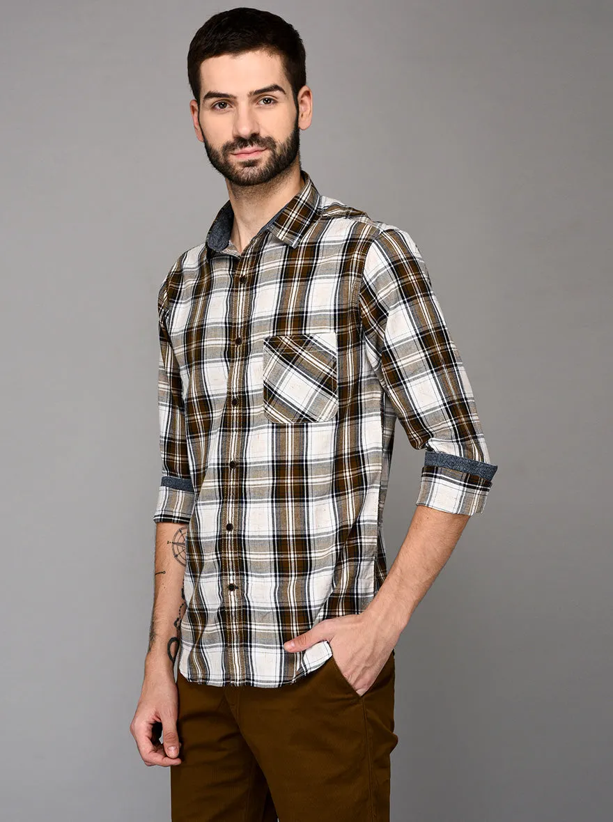 Greenfibre Brown & White Checked Slim Fit Casual Shirt