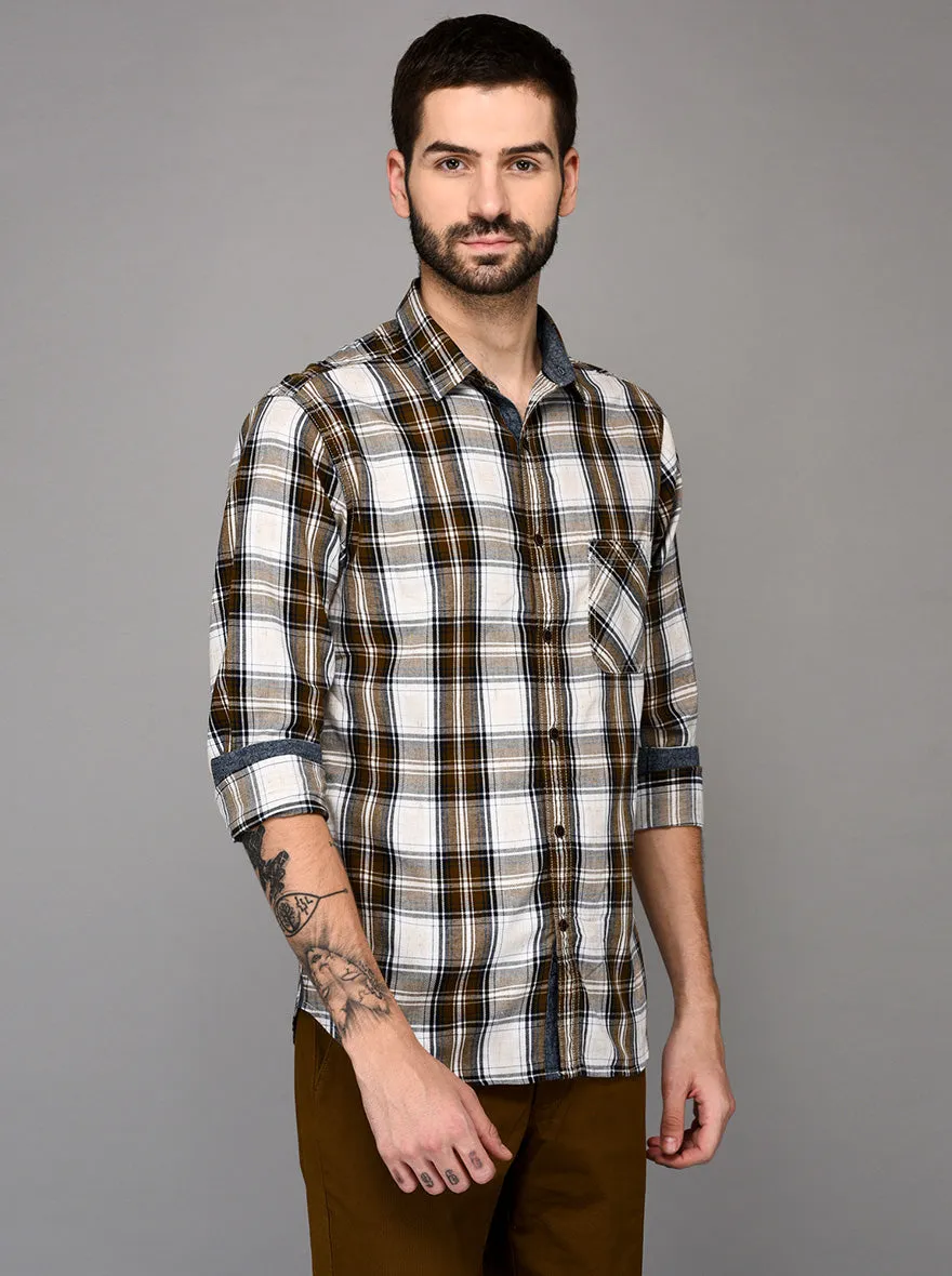 Greenfibre Brown & White Checked Slim Fit Casual Shirt