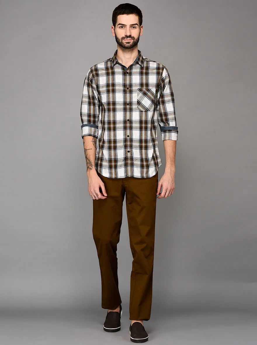 Greenfibre Brown & White Checked Slim Fit Casual Shirt