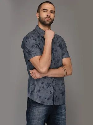 Greenfibre Sand Blue Printed Slim Fit Casual Shirt