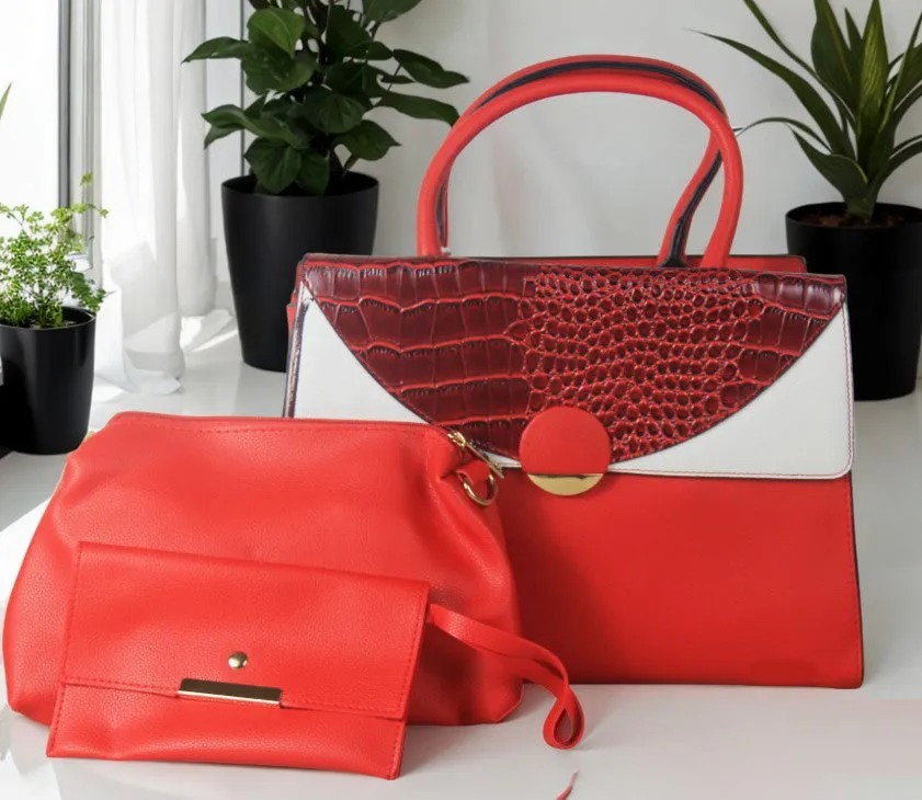 H1570 - Stylish Red 3pc Handbag Set