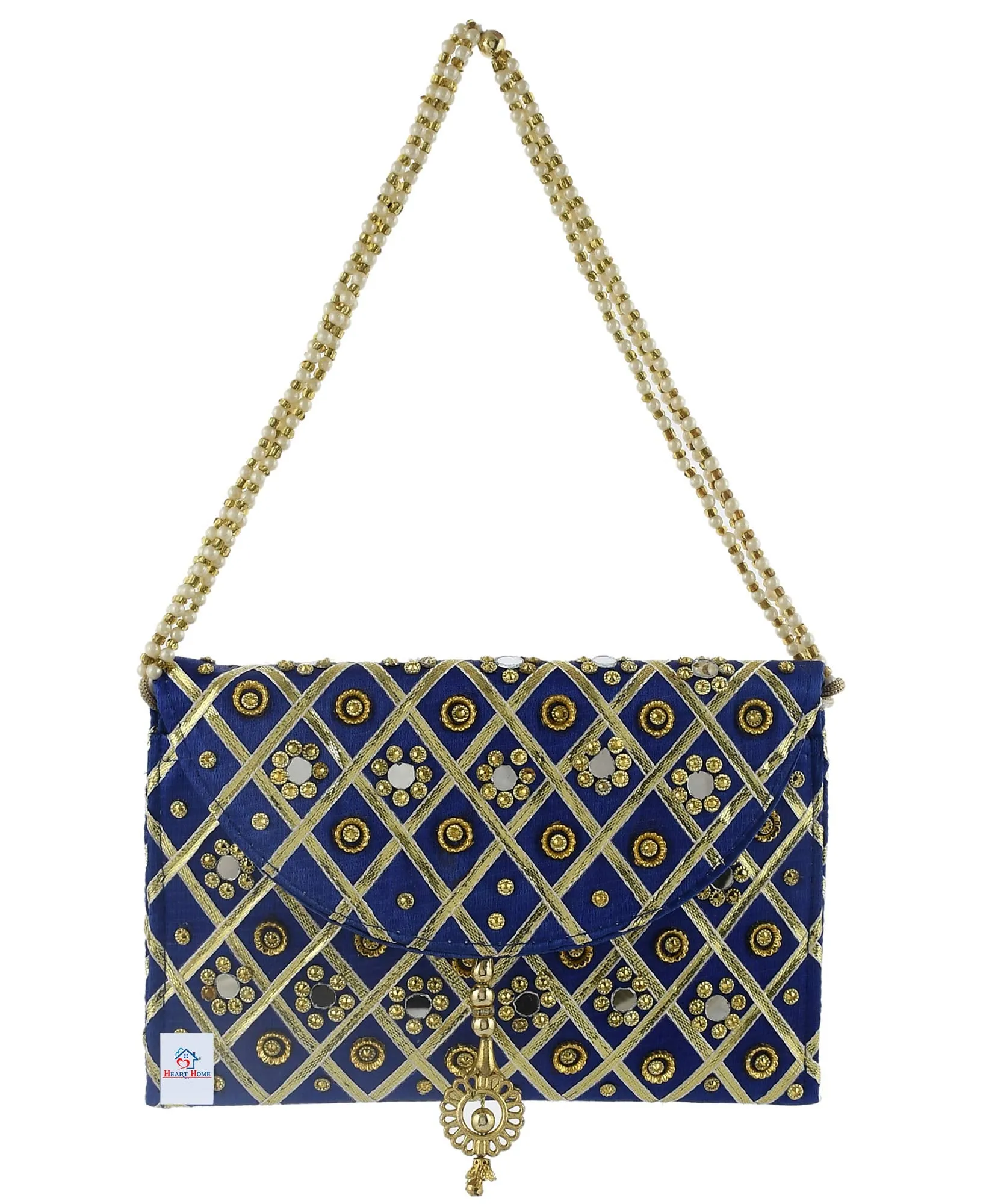 Heart Home Silk Traditional Mirror Work Envelope Clutch Bag Purse Handbag for Bridal, Casual, Party, Wedding (Blue)-HEART11444, Standard