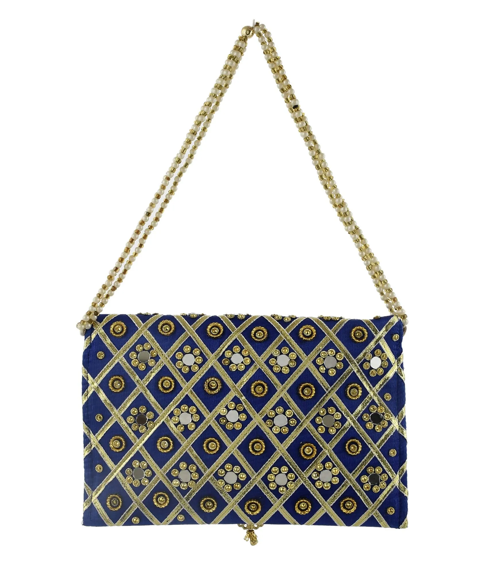 Heart Home Silk Traditional Mirror Work Envelope Clutch Bag Purse Handbag for Bridal, Casual, Party, Wedding (Blue)-HEART11444, Standard