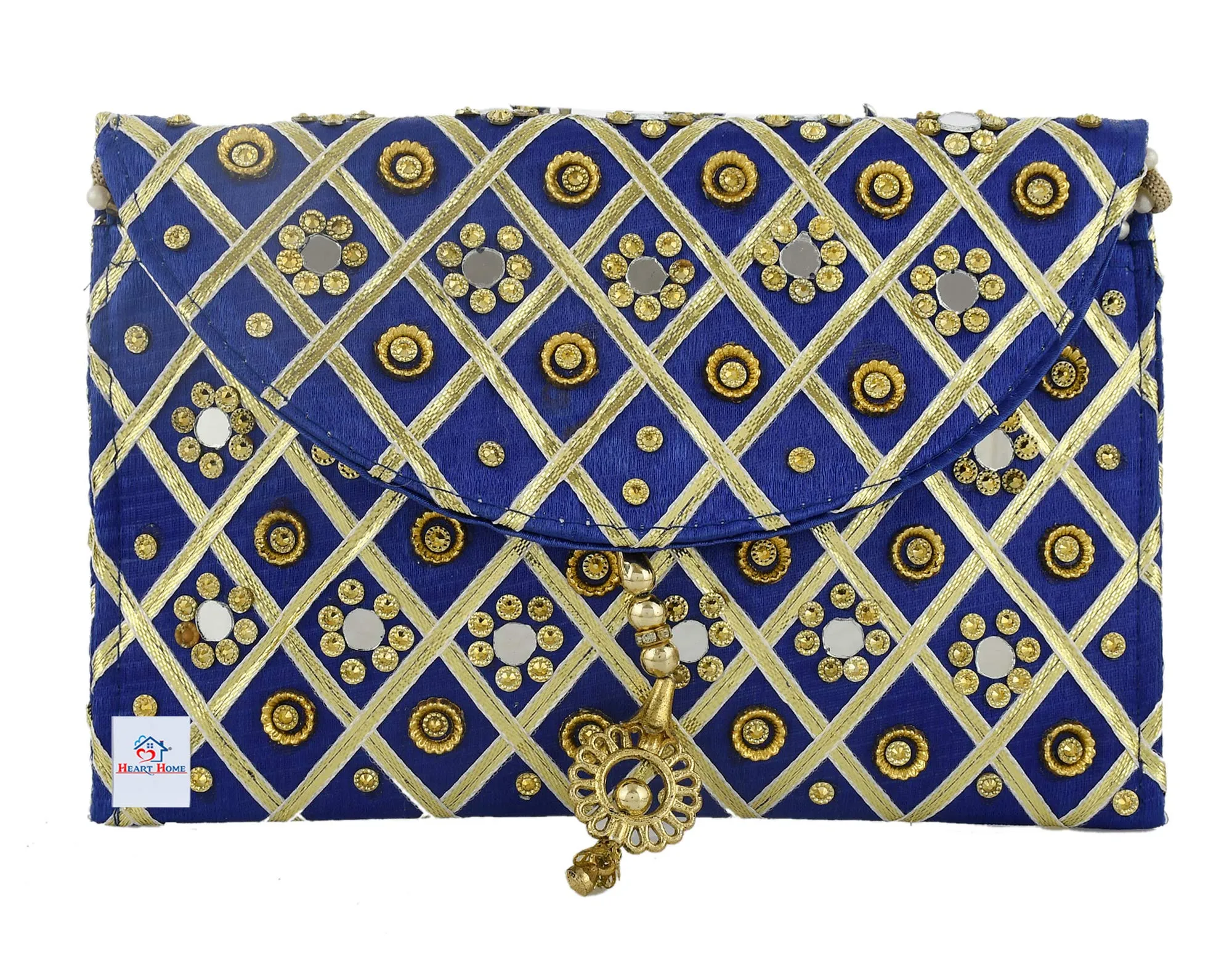 Heart Home Silk Traditional Mirror Work Envelope Clutch Bag Purse Handbag for Bridal, Casual, Party, Wedding (Blue)-HEART11444, Standard