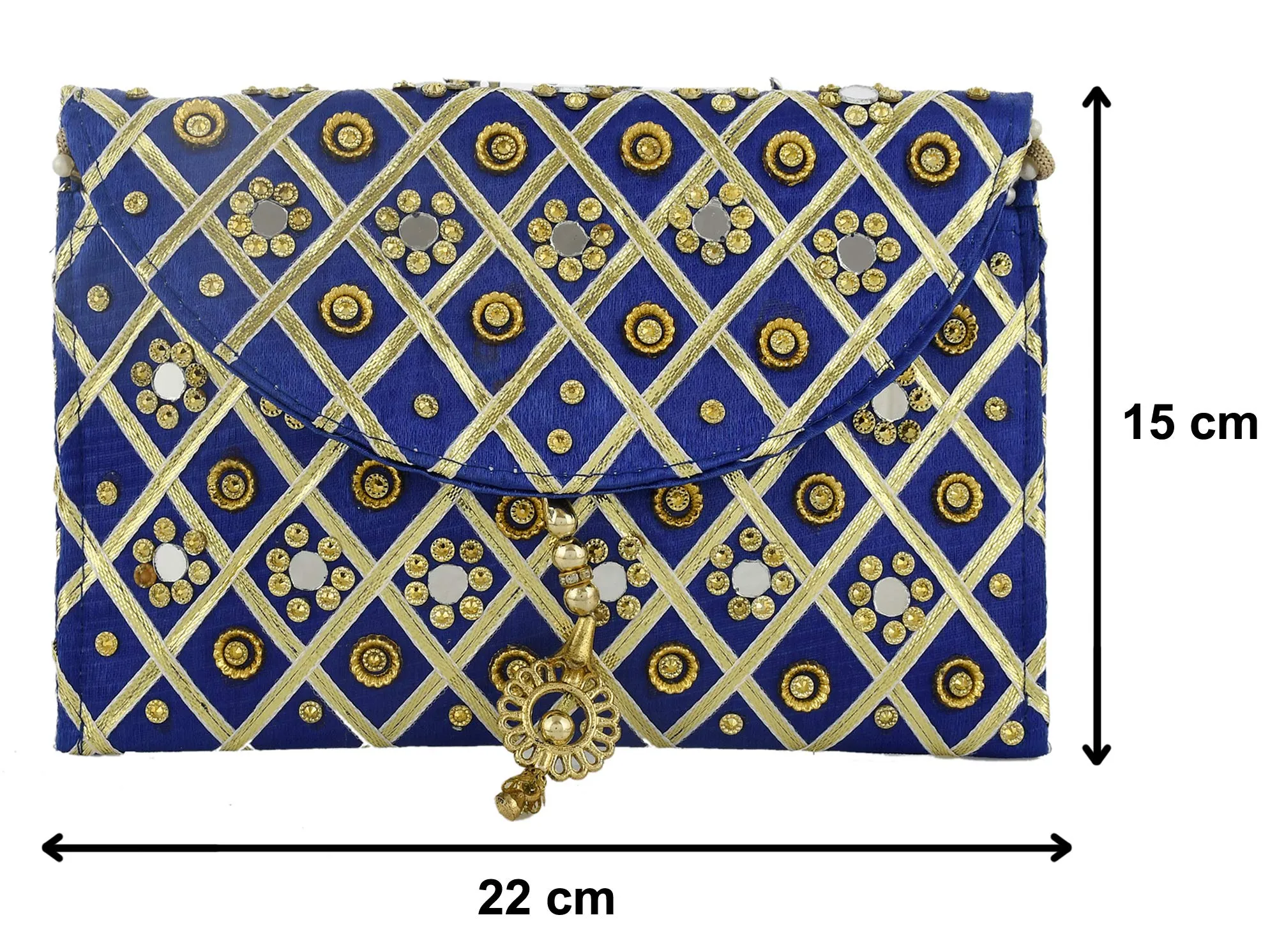 Heart Home Silk Traditional Mirror Work Envelope Clutch Bag Purse Handbag for Bridal, Casual, Party, Wedding (Blue)-HEART11444, Standard