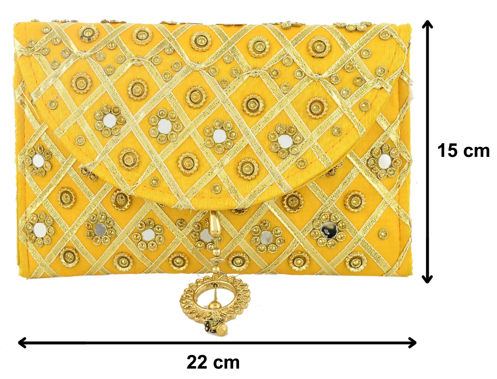 Heart Home Silk Traditional Mirror Work Envelope Clutch Bag Purse Handbag for Bridal, Casual, Party, Wedding (Gold)-HEART11452, Standard