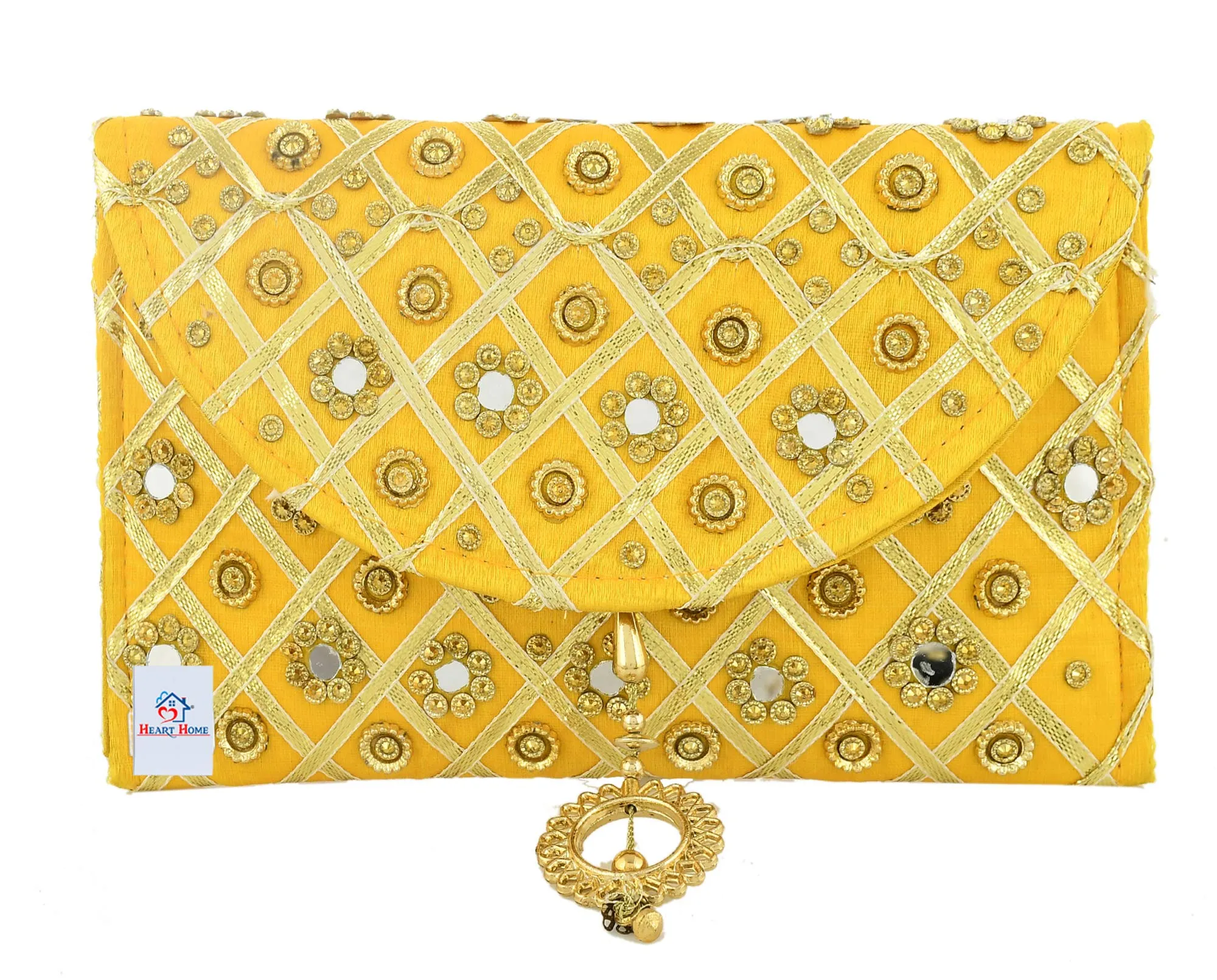 Heart Home Silk Traditional Mirror Work Envelope Clutch Bag Purse Handbag for Bridal, Casual, Party, Wedding (Gold)-HEART11452, Standard