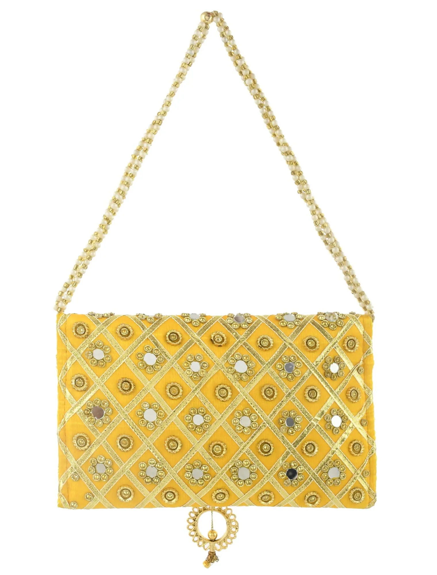 Heart Home Silk Traditional Mirror Work Envelope Clutch Bag Purse Handbag for Bridal, Casual, Party, Wedding (Gold)-HEART11452, Standard