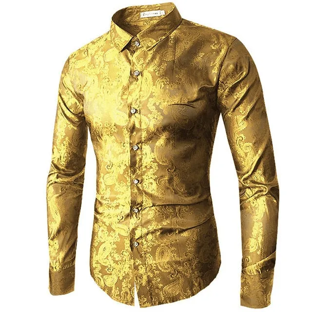 High quality 2019 Male Long Sleeve Shirts Red Gold Purple Blue men's embroidery dress shirt Fashion Slim Wedding Party Bussiness