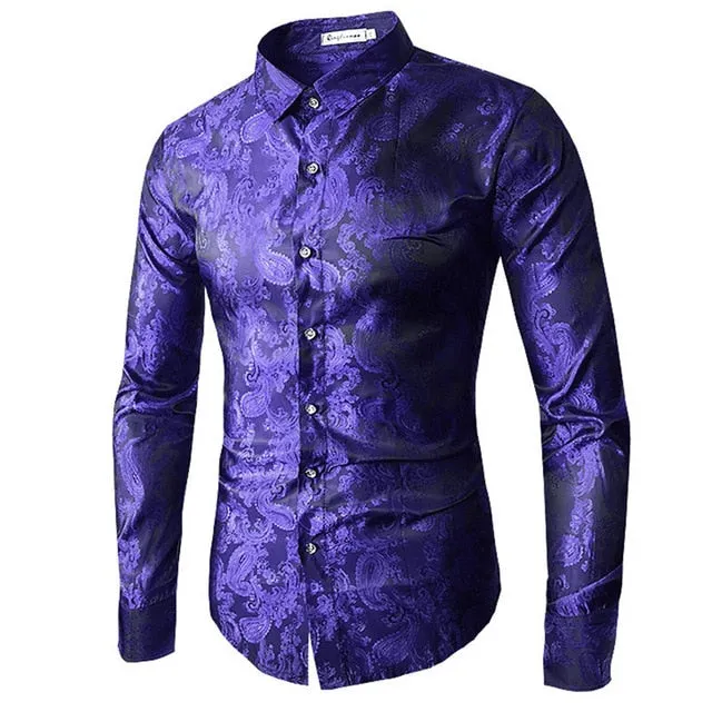 High quality 2019 Male Long Sleeve Shirts Red Gold Purple Blue men's embroidery dress shirt Fashion Slim Wedding Party Bussiness