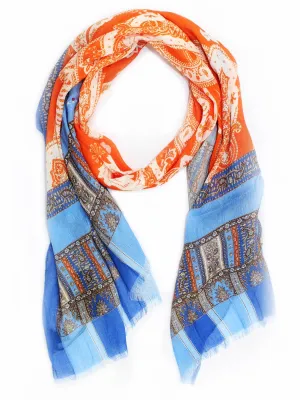 Kiton Linen Scarf Royal Blue Orange Paisley FINAL SALE