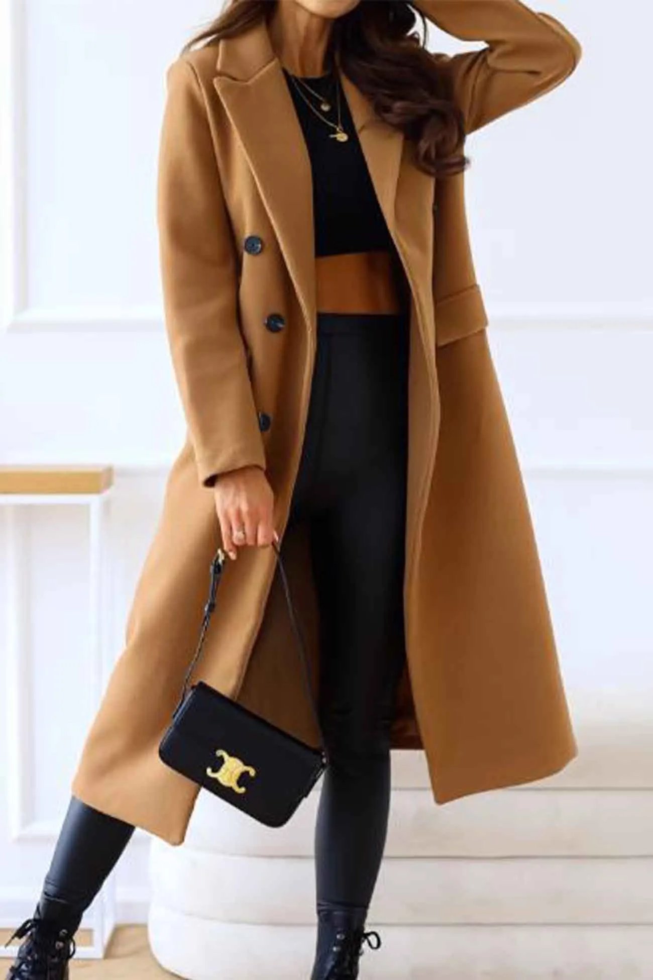 Lapel Double Breasted Long Sleeve Coat