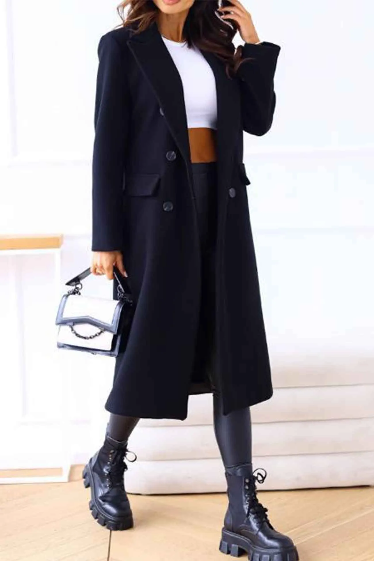 Lapel Double Breasted Long Sleeve Coat