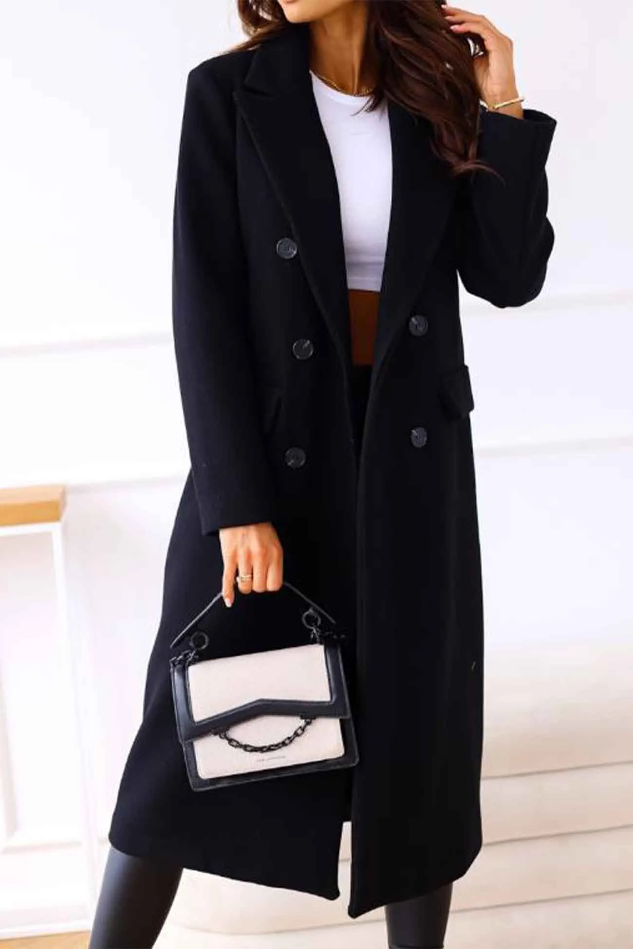 Lapel Double Breasted Long Sleeve Coat