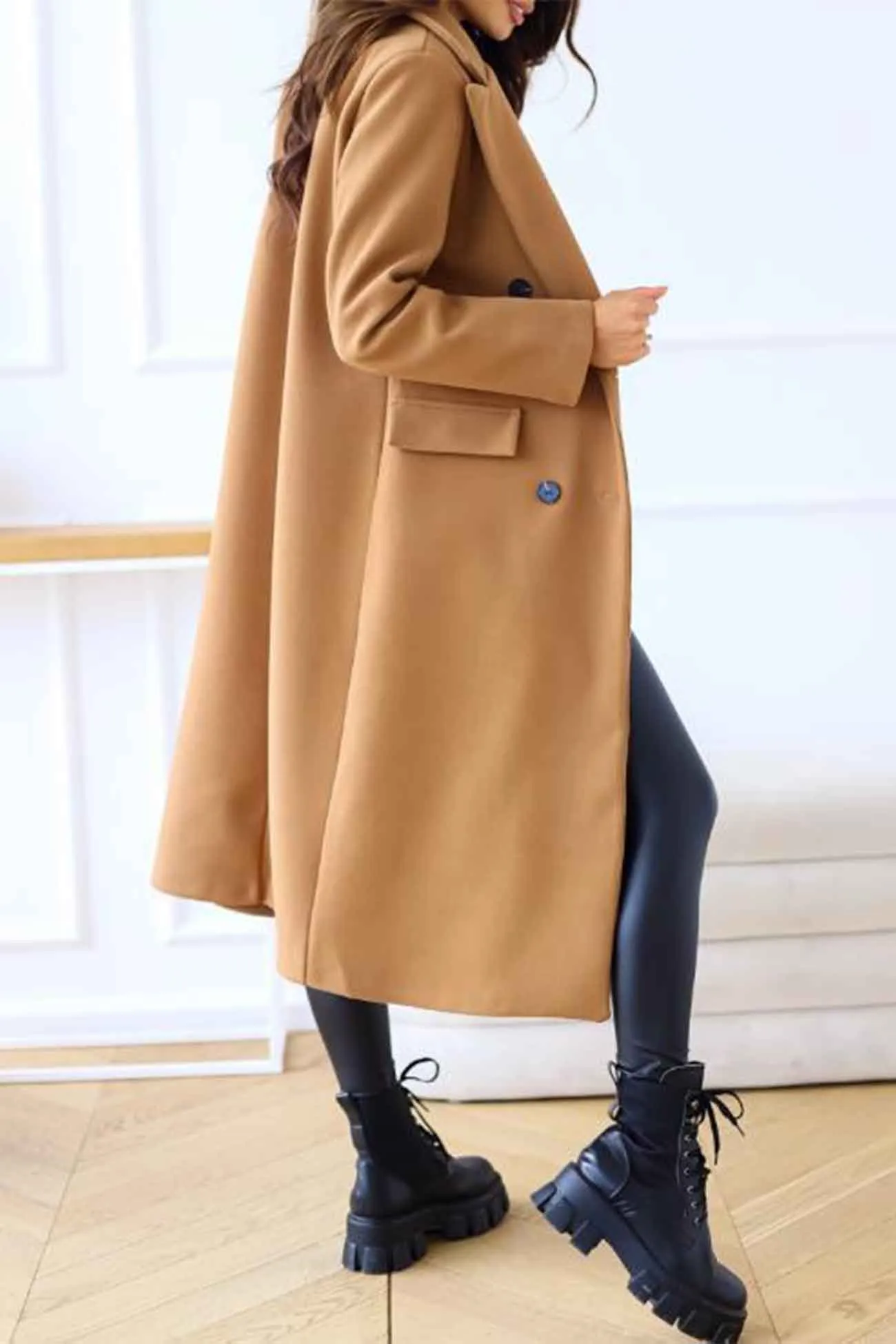 Lapel Double Breasted Long Sleeve Coat