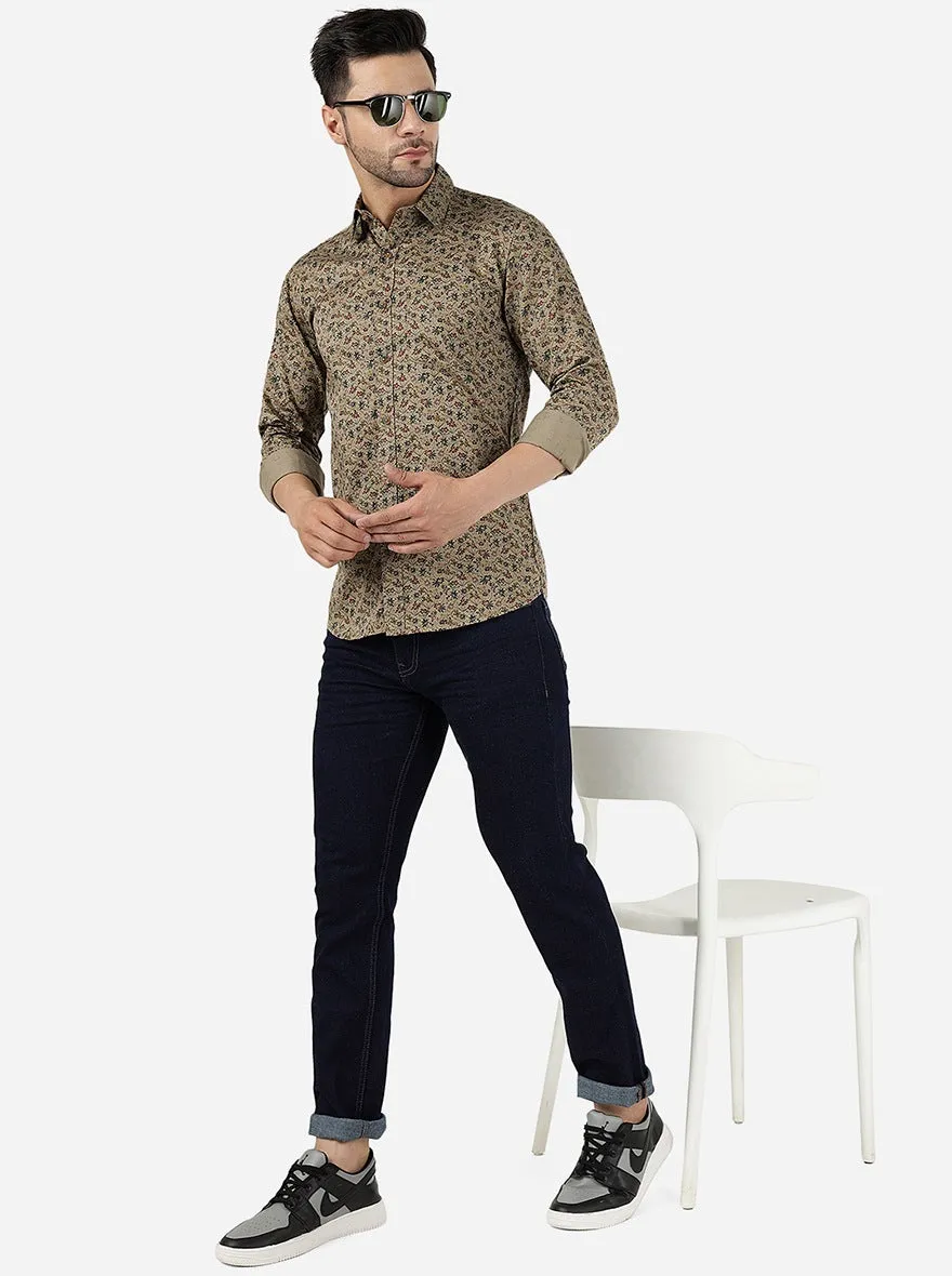 Light Olive Printed Slim Fit Casual Shirt | JadeBlue