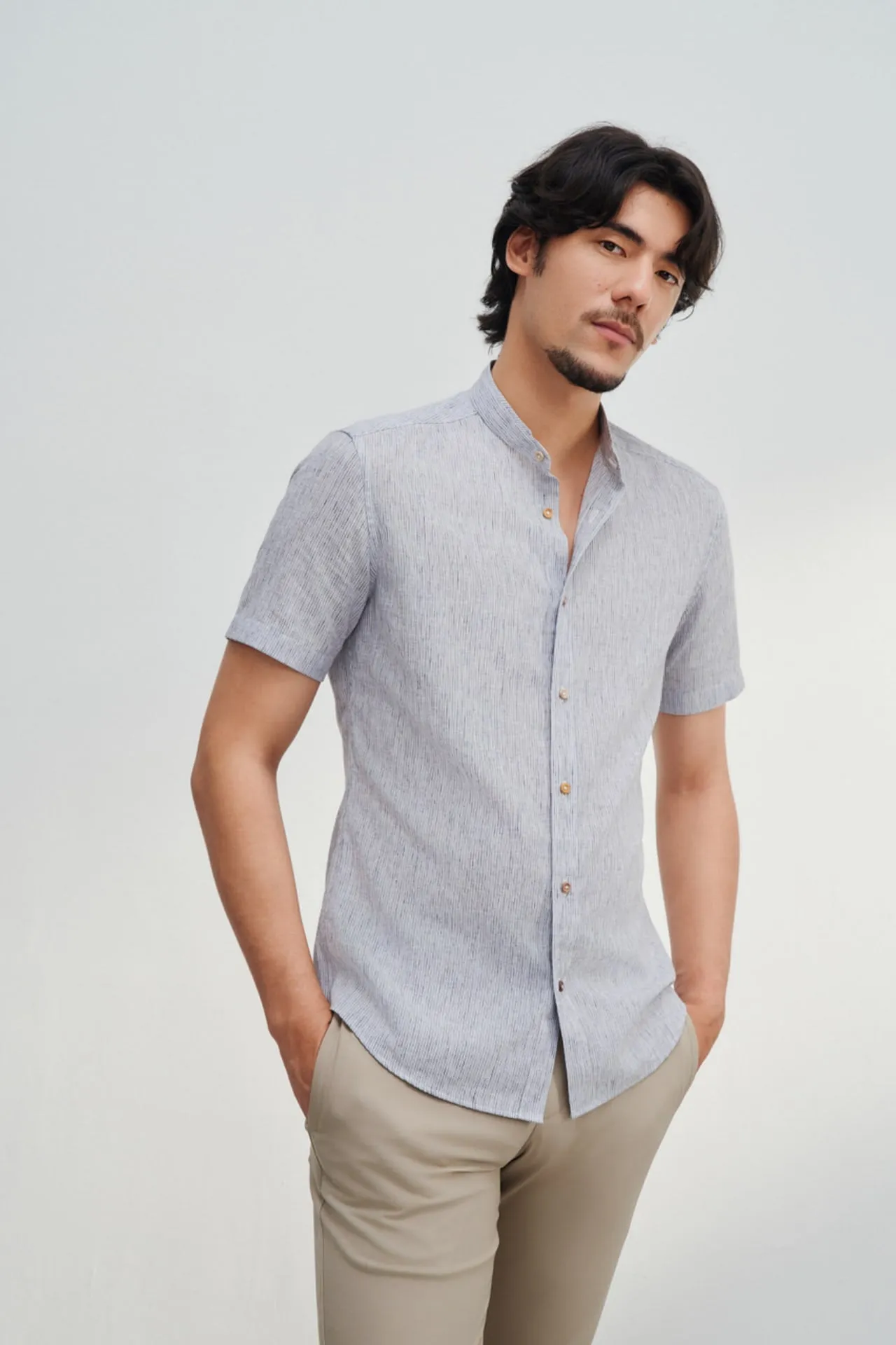 Linen Blend Smart Fit Stripe Short Sleeve Stand Collar Casual Shirt