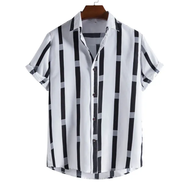 New short-sleeved casual shirt men's printed striped beach top summer men's short-sleeved shirt European size US size XS-XL