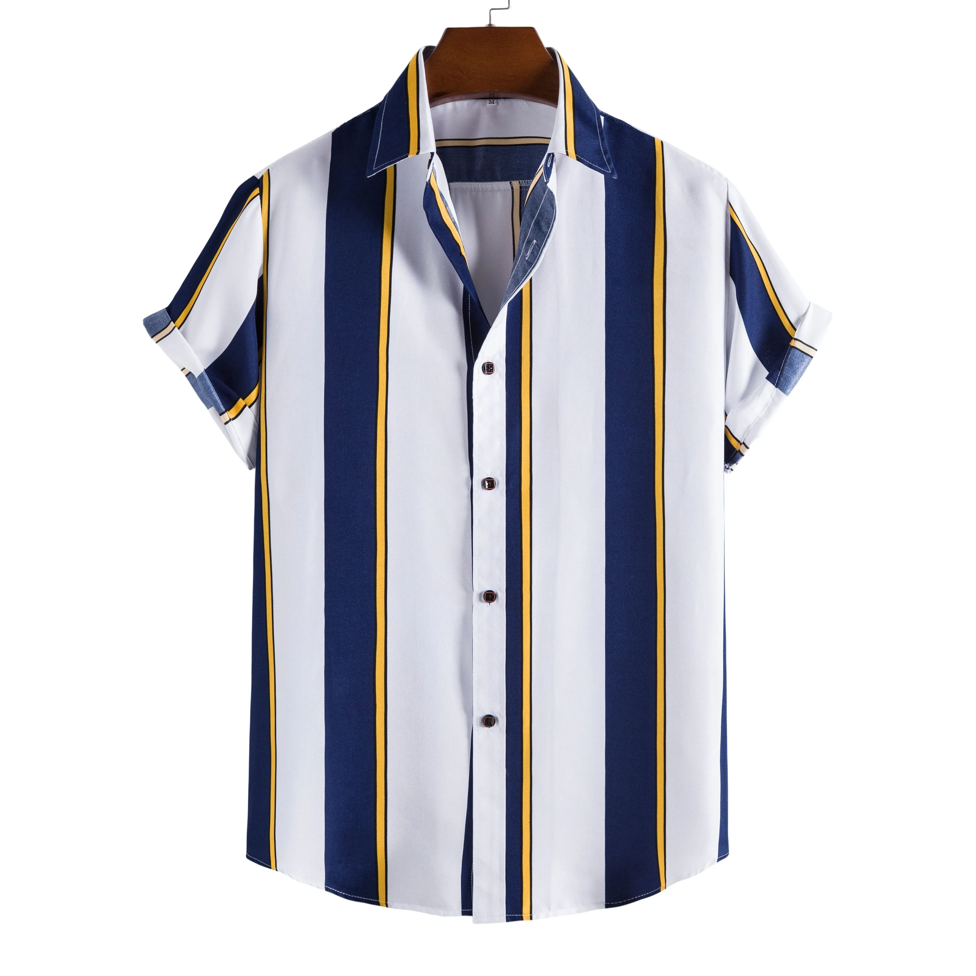 New short-sleeved casual shirt men's printed striped beach top summer men's short-sleeved shirt European size US size XS-XL