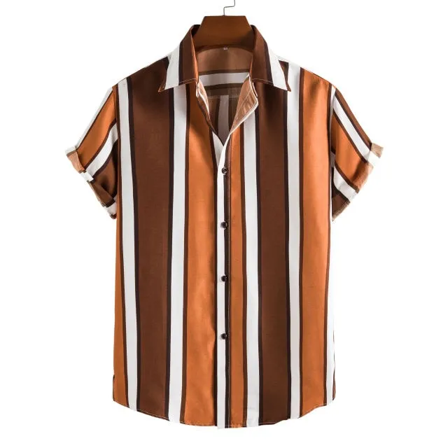 New short-sleeved casual shirt men's printed striped beach top summer men's short-sleeved shirt European size US size XS-XL